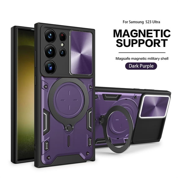 ELEHOLD for Samsung Galaxy S21 FE, Case with Slide Camera Lens Protector,Built-in 360° Rotate Ring Stand Magnetic Shockproof Hard PC Cover,Support Magnetic Car Mount, purple