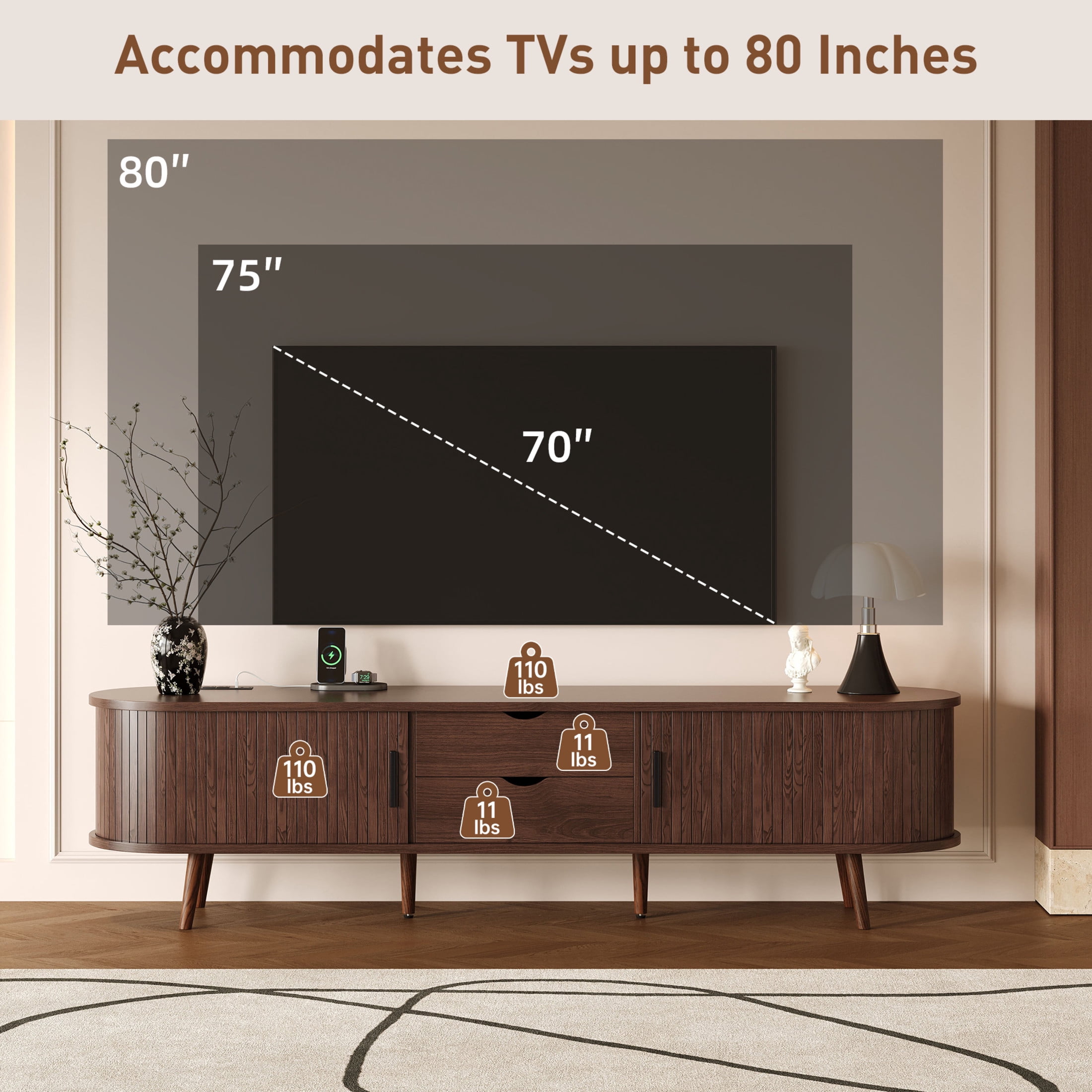 Noble House Modern TV Stand for TVs up to 80" with Tambour Doors, Drawers and Power Outlet, Dark Brown