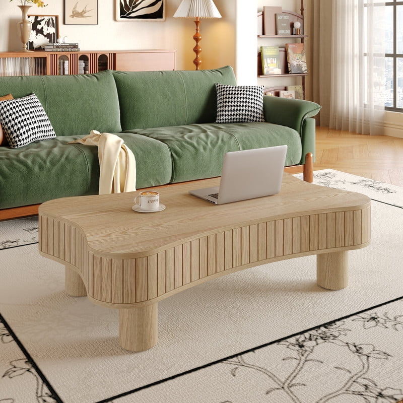 42" Lift Top Coffee Table with Hidden Storage, Fluted Panel Center Table with Hydraulic Lift, Rounded Corners, Wood Living Room Coffee Table for Small Spaces,Natural Wood