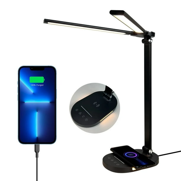 Lámpara de escritorio con protección ocular y carga inalámbrica para teléfono móvil de dos cabezales, luz de noche para el hogar, lámpara de piano plegable de metal para oficina
