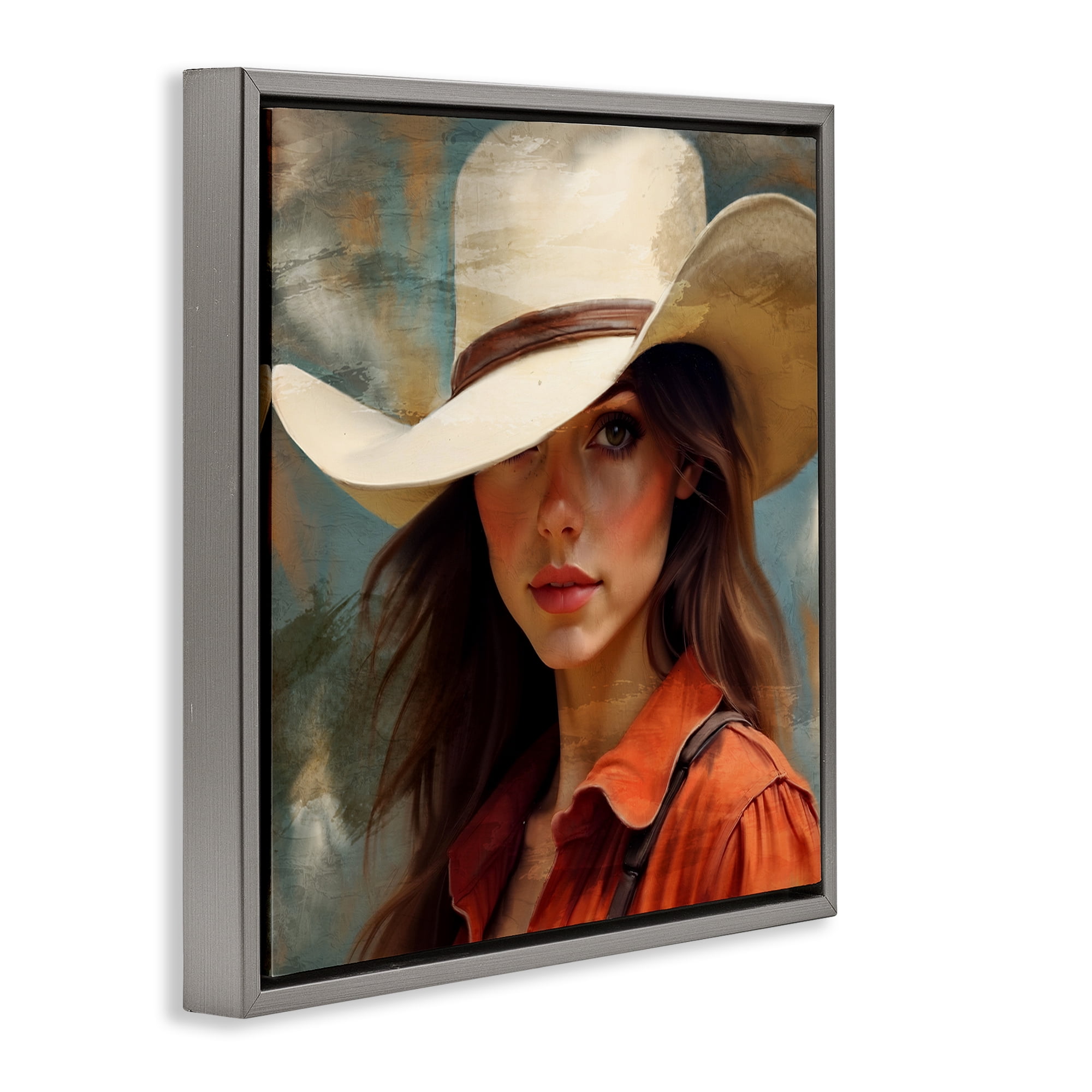 Cowgirl Gaze Beneath Hat Gray Framed Floater Canvas Wall Art, design by Kim Allen