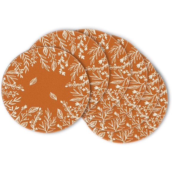 Artoid Mode Orange Eucalyptus Leaves Round Fall Placemats Set of 4, 14 Inch Seasonal Autumn Thanksgiving Round Table Mats for Dining Decoration