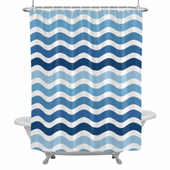 Blue Gradient Fabric Shower Curtain, Water Ripple Striped Modern Bathroom Curtain with 12 Hooks Waterproof Machine Cloth Shower Curtain for Bathroom, Bathtub, Spa Room, 72x84 Inch