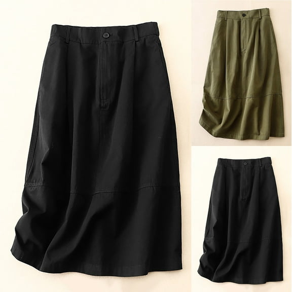 Antinious Winter Skirts for Women,Skirts for Women Trendy,Fashion Ladies Solid Casual High Waist Tiered Skirts With Pockets,Army Green,L