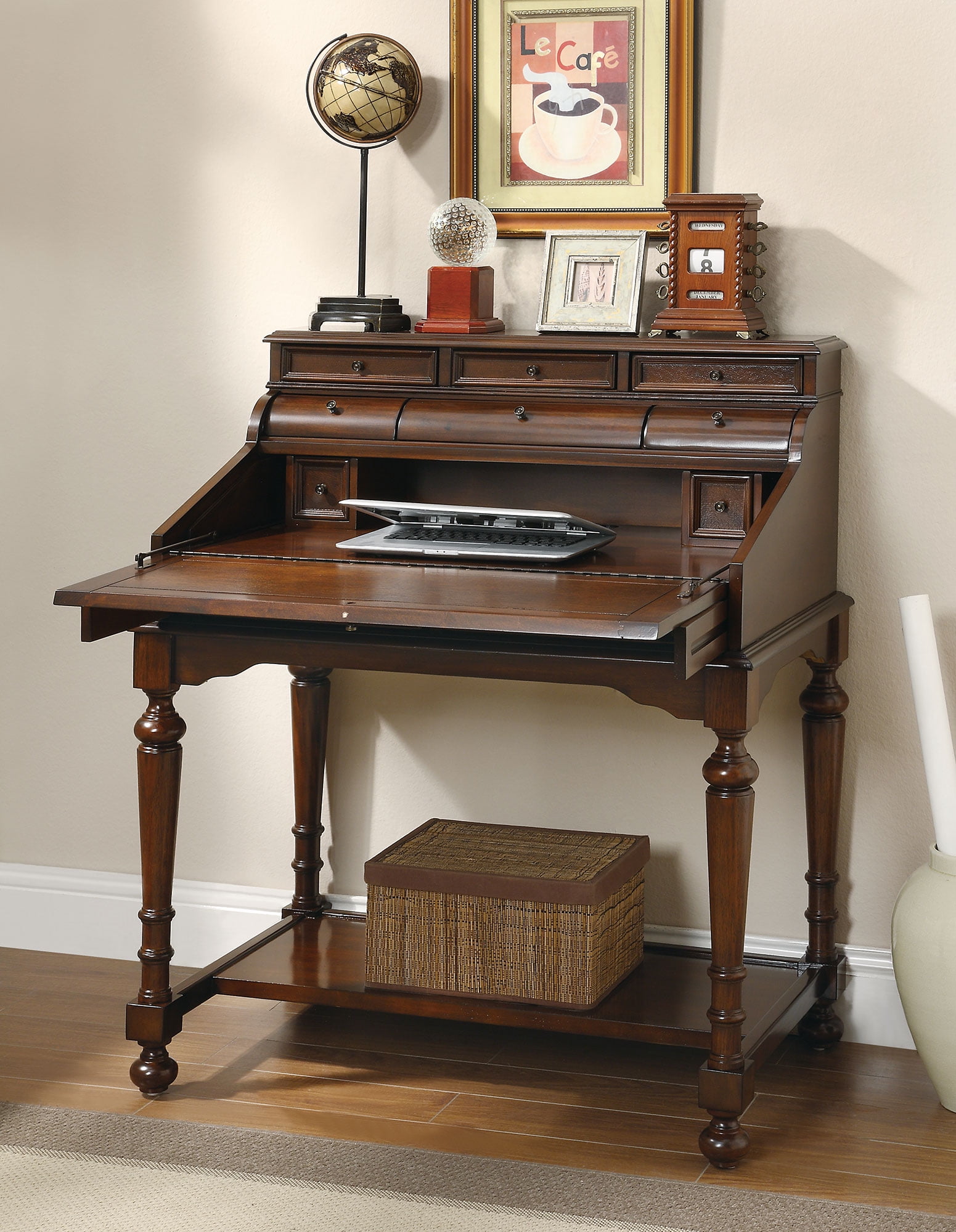 Transitional Secretary Computer Writing Desk Fold Out Tray Drawers