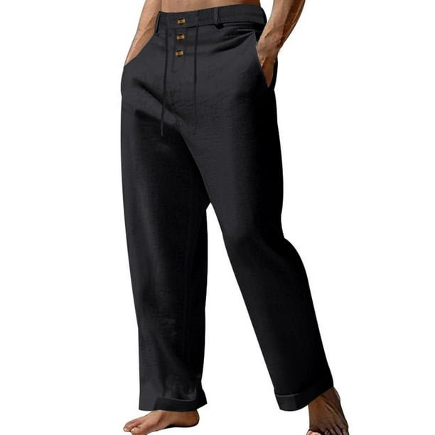 Pantalones de lino de cintura alta para hombre: pierna recta, cordón, primavera-otoño, mezcla de lino (S-XXXL), comodidad informal para la playa