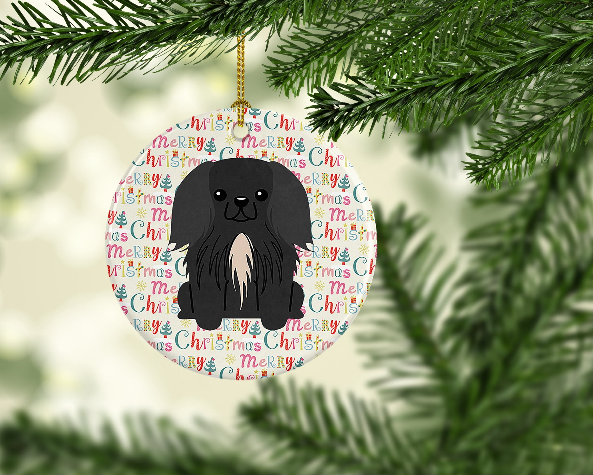 Merry Christmas Pekingese Black Ceramic Ornament 2.8 in x 2.8 in
