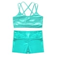 thumbnail image 3 of Hansber Kids Girls 2Pcs Sports Gymnastics Dance Outfits Metallic Crop Top Dance Bralette Vest with Shorts Set Light Green 14, 3 of 5