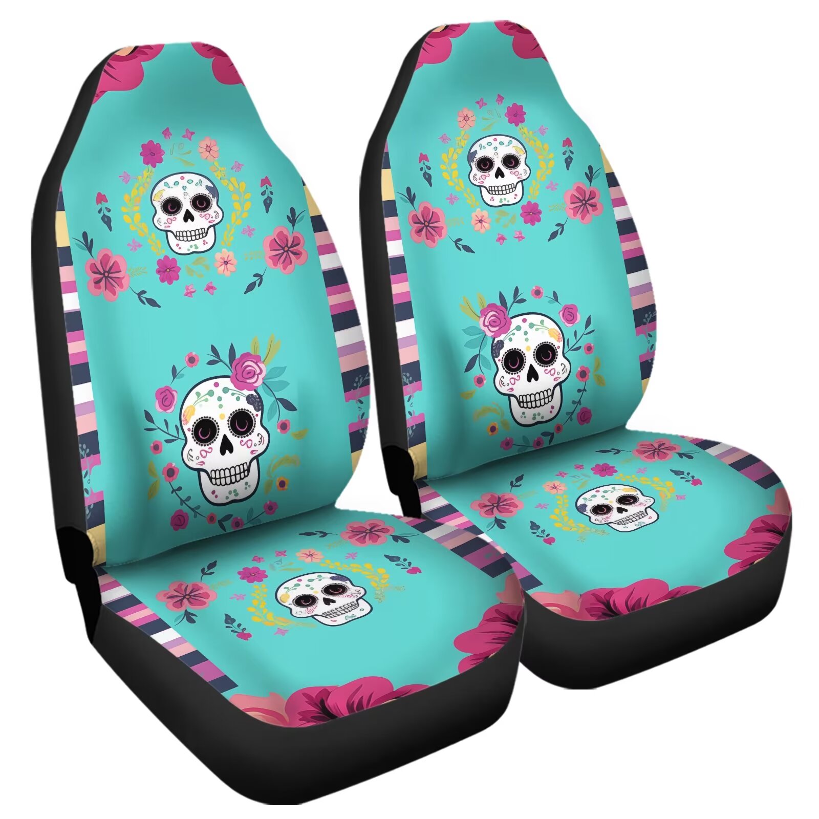 Uourmeti Blue Sugar Skull Floral Print Auto Seat Covers 2pc Set Easy Install Full Wrap Durable Elastic Bucket Seat Covers Elastic Fit Most Vehicle