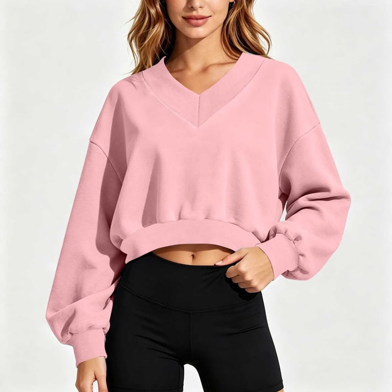 Zpzdpjkx Women's V Neck Cropped Sweatshirt Long Puff Sleeve Solid