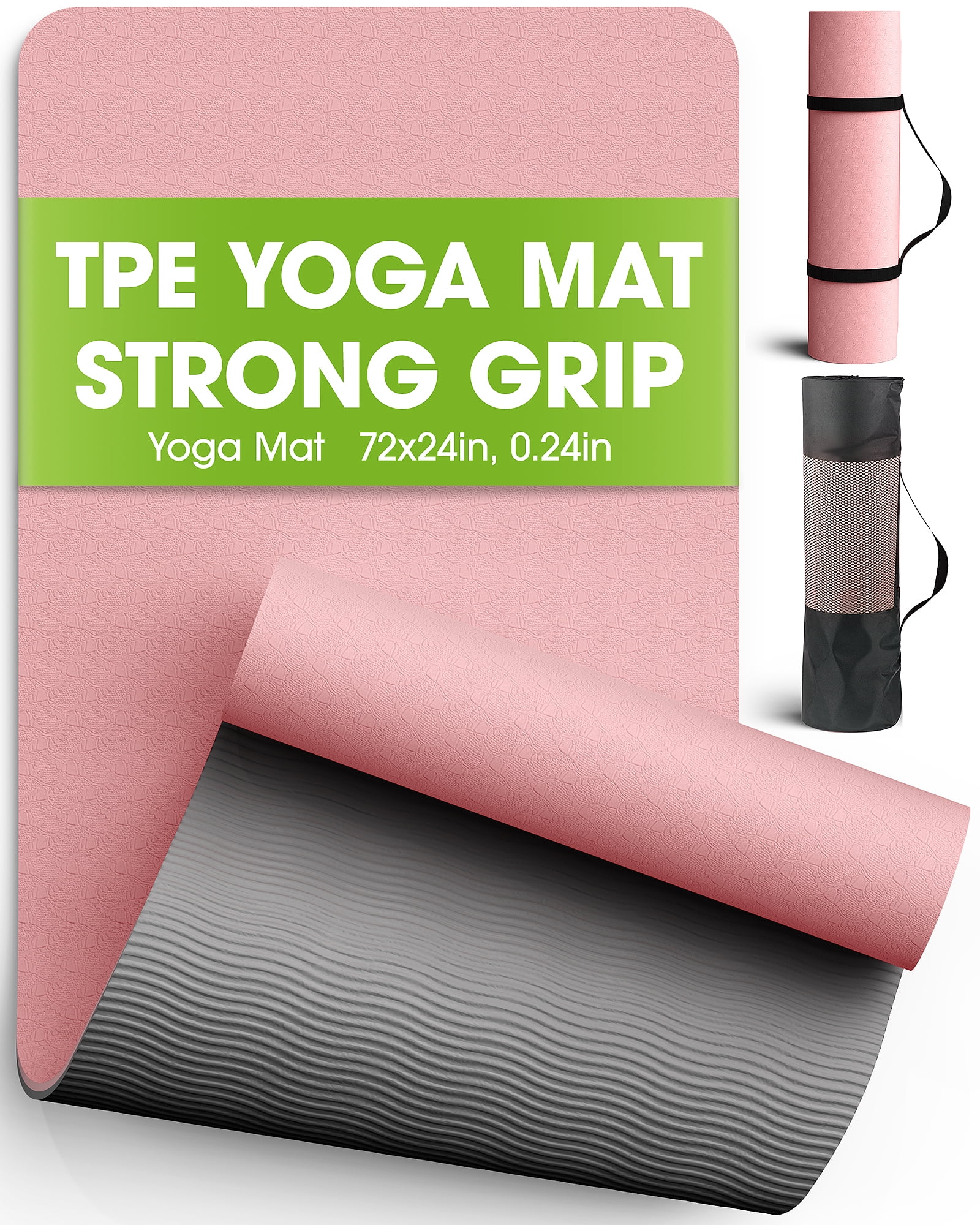 Yoga Mat with Strap, Non-Slip Pilates Exercise Mat, Tear-Resistant, 72" x 24", Pink
