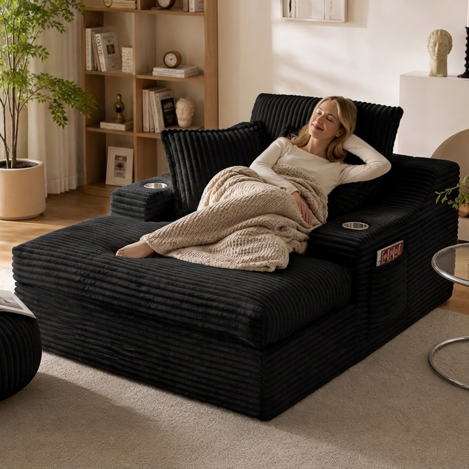 47" Wide Oversized Single Chaise Lounge Chair, 67'' Sleeper Sofa Bed with Cup Holders & 3 Pillows