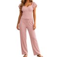 thumbnail image 2 of sdhkgrrt Women's 2 Piece Pajama Set Square Neck Ruffle Sleeve Pullover Wide Leg Pants Matching Lounge Outfit Casual Solid Sleepwear Comfy Fall Winter Tracksuit, Pink 2XL, 2 of 8