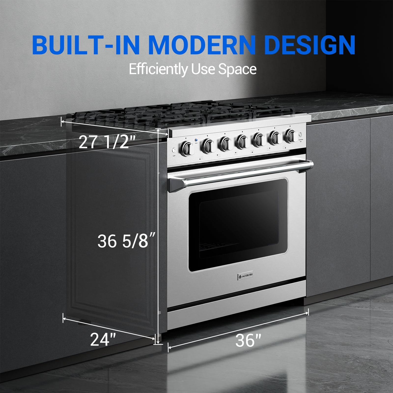 AAOBOSI 36 Inch Front Control Gas Range Oven with 6 Cooktop Burners, 6 Cu. Ft Convection Oven with Knobs Control, Heavy Duty Cast Iron Grates in Stainless Steel