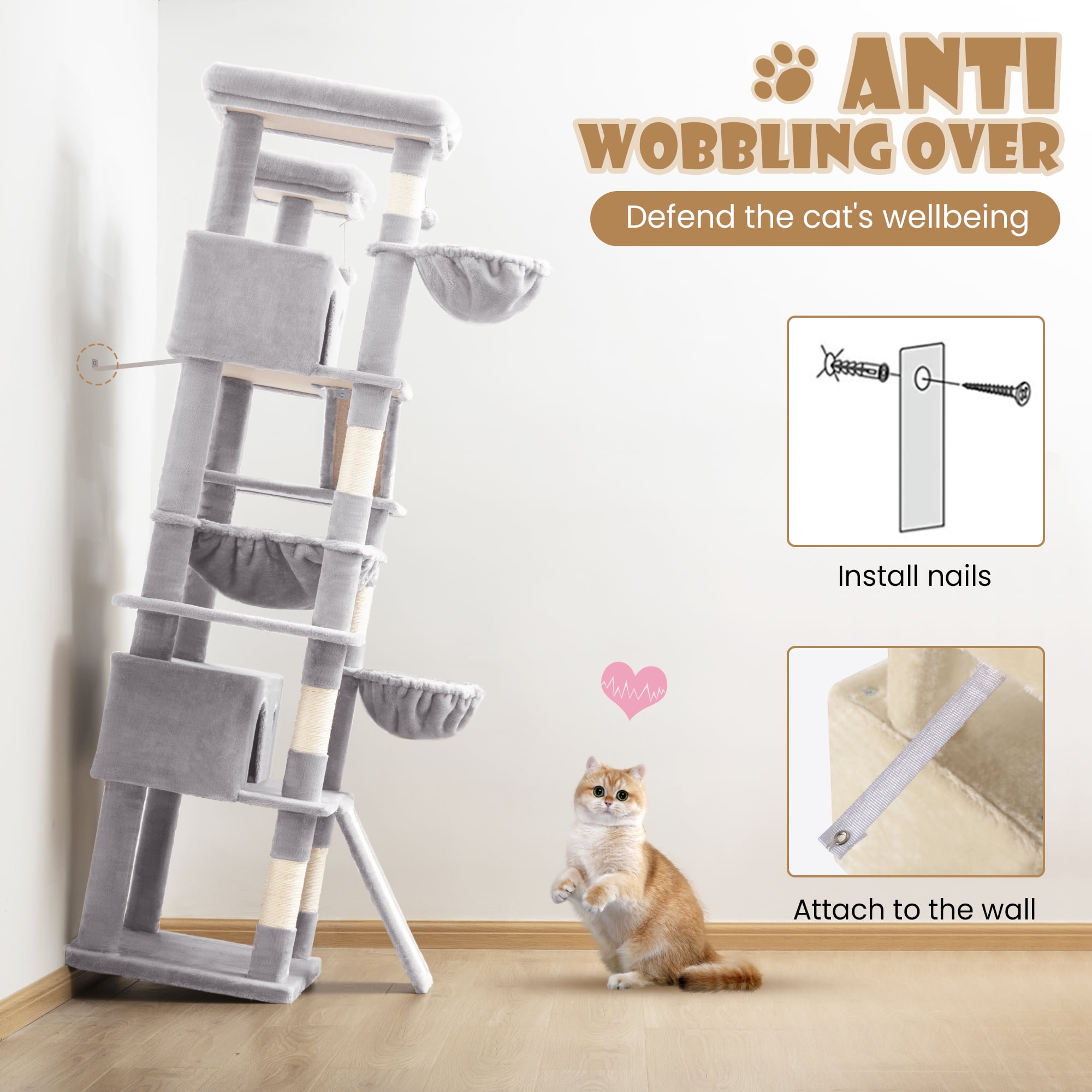 Sha Cerlin 81" Large Cat Tree Tower with Cat Condo & Hammock, Multi-Level & Sisal Scratching Post, Grey