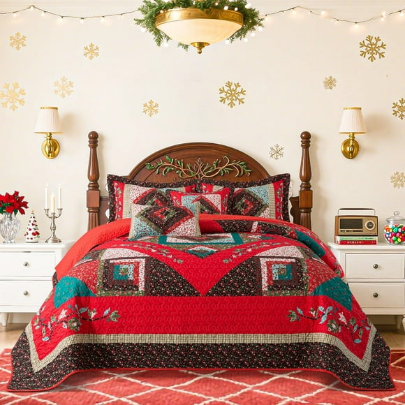 Juego de colcha BEDIFANY Christmas Queen Size de algodón, 3 piezas