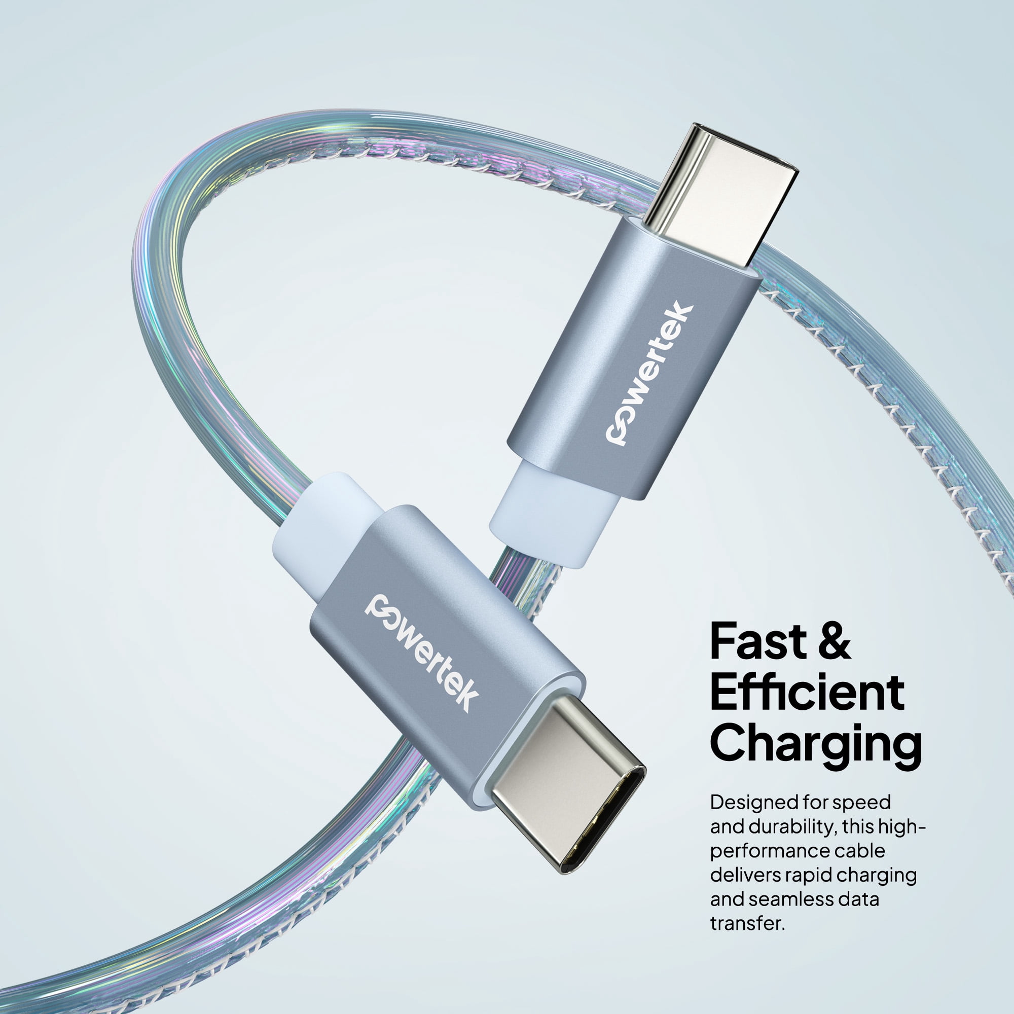 Powertek USB-C to USB-C (Type-C) Metallic Shine Pastel Fast Charging Cable, 60W, 6 ft, Blue
