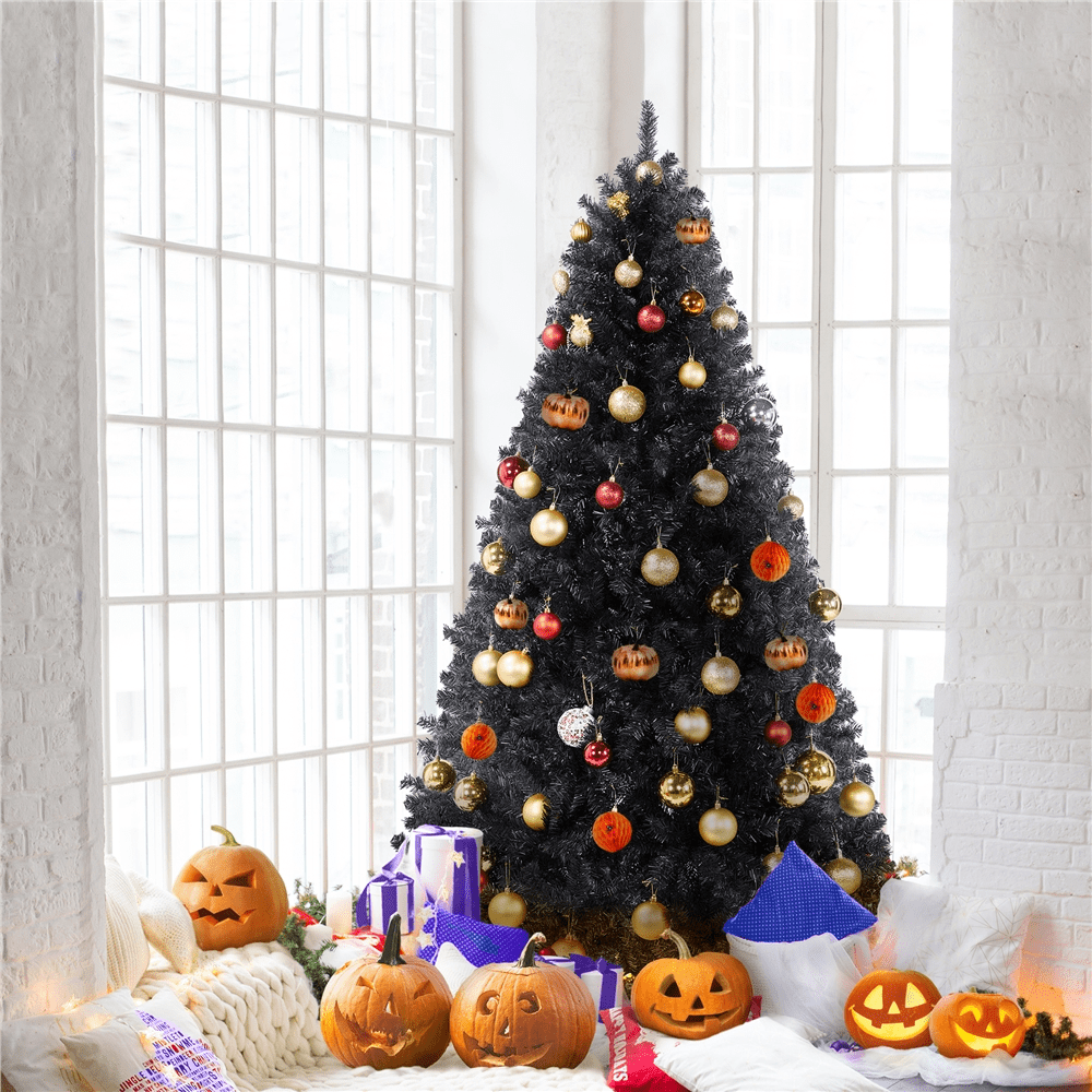 Alden Design 6FT Hinged Fir Artificial Christmas Tree with Foldable Stand, Black