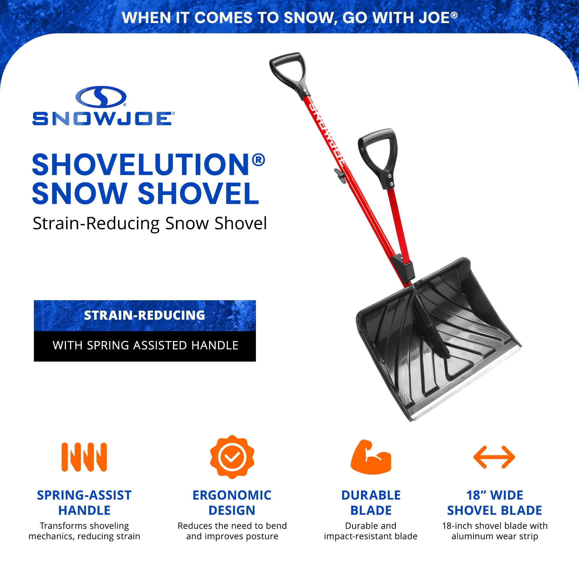 Snow Joe Shovelution Snow Shovel w/ 20” Shovel Blade and Assist Handle, Red, SJ-SHLV01-RED