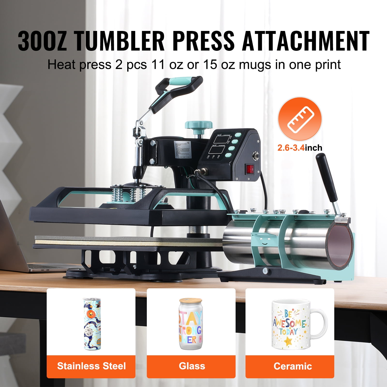KFFKFF Heat Press, 12x15 inch, 8-in-1 Transfer Device with 30 oz Cup Press, Swivels 360°, Digital Control for T-Shirts/Mugs/Caps/Dishes, Teflon-Coated, Black and Green