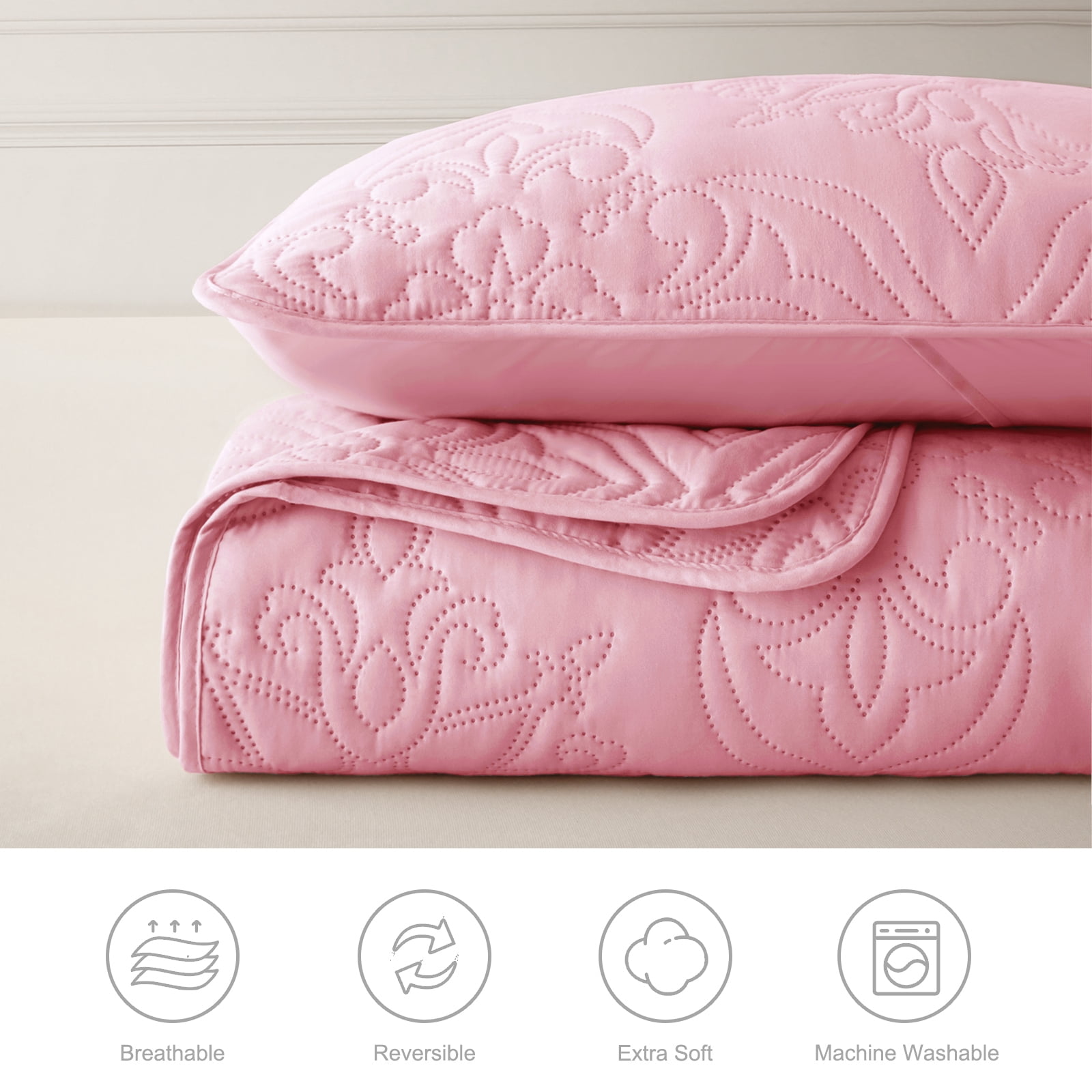 Whale Flotilla Soft Twin Quilt Bedding Set for All Seasons, Elegant Vintage Damask Ultrasonic Quilts Set, Lightweight Reversible Bedspread, Coverlet, Bed Cover with 1 Pillow Sham, Pink