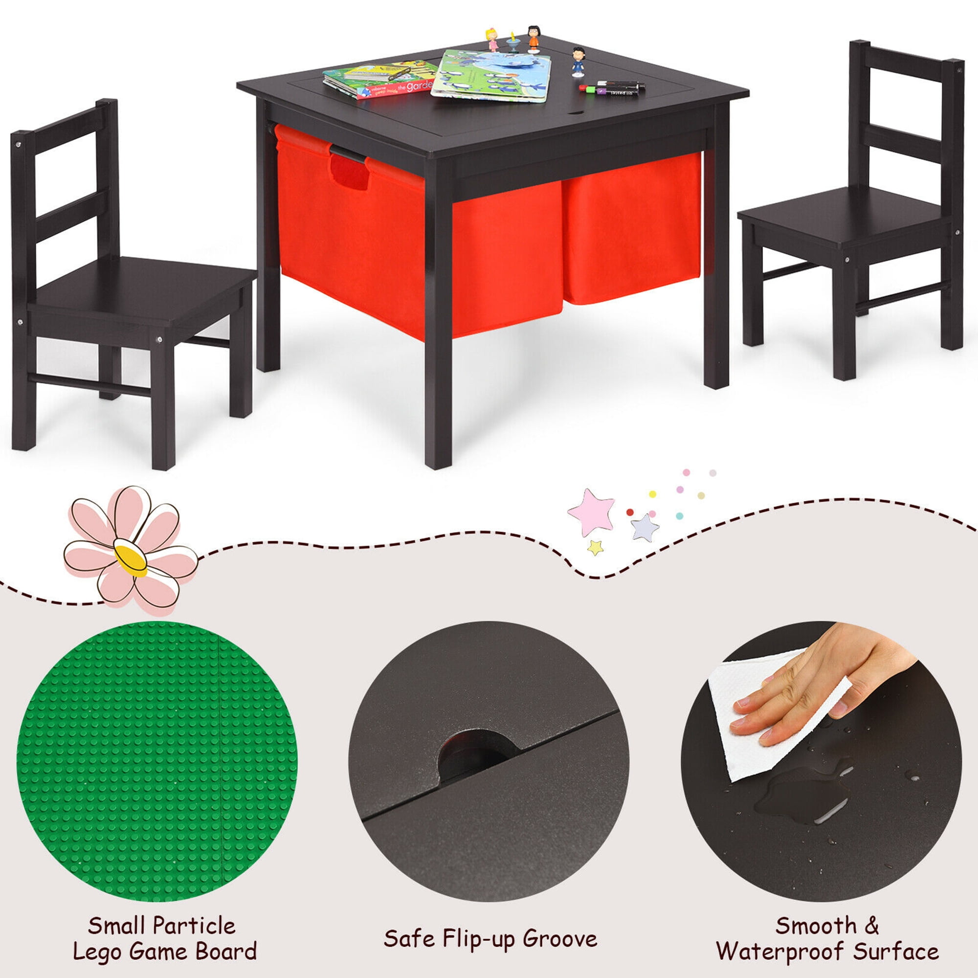 Gymax 2-in-1 Kids Activity Table & 2 Chairs Set w/Storage Building Block Table Espresso