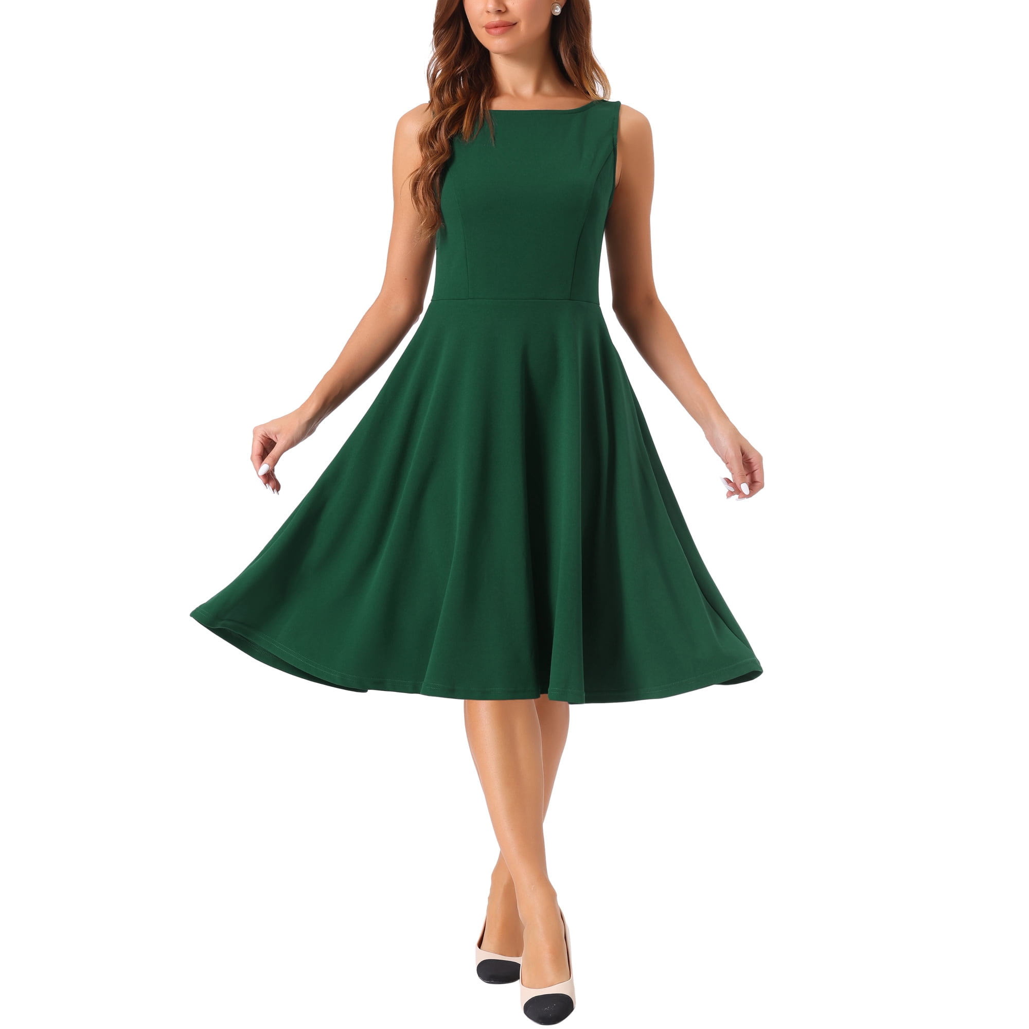 Unique Bargains Sleeveless Work Dress for Women s Boat Neck High Waist Fit and Flare Dresses Dark Green XS