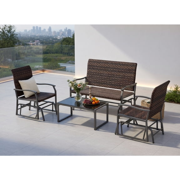Topcobe 4 Piece Patio Gliding Set Wicker Swing Glider Furniture Set All Weather with Tempered Glass Coffee Table, Modern Patio Furniture Set-Brown