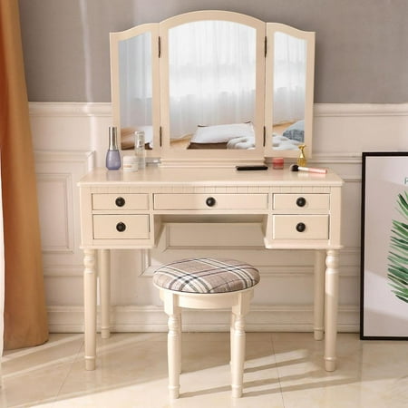 Zimtown Makeup Vanity Table Set Removable Tri Folding Mirror
