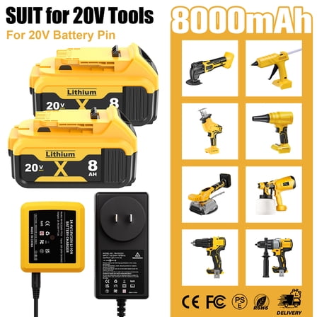 Dinosoo 2 Pack 8.0Ah Replacement Battery and Charger for Dewalt 20V Max Batteries DCB200 DCB205-2 DCB206 DCB204 DCB203 DCB208 Compatible with Dewalt 20V Cordless Power Tools