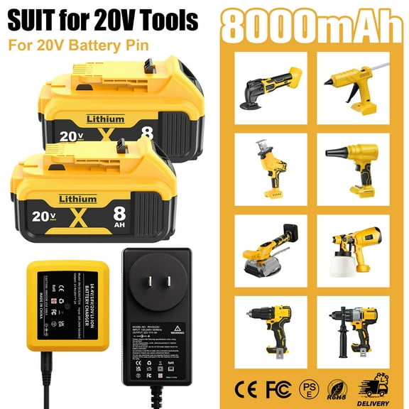 Dinosoo 2 Pack 8.0Ah Replacement Battery and Charger for Dewalt 20V Max Batteries DCB200 DCB205-2 DCB206 DCB204 DCB203 DCB208 Compatible with Dewalt 20V Cordless Power Tools