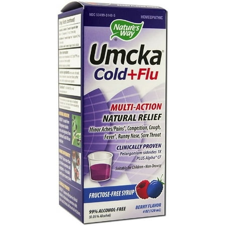 Nature's Way Umcka Cold + Flu Multi-Action Fructose-Free Syrup, Berry 4 oz (Pack of 6)