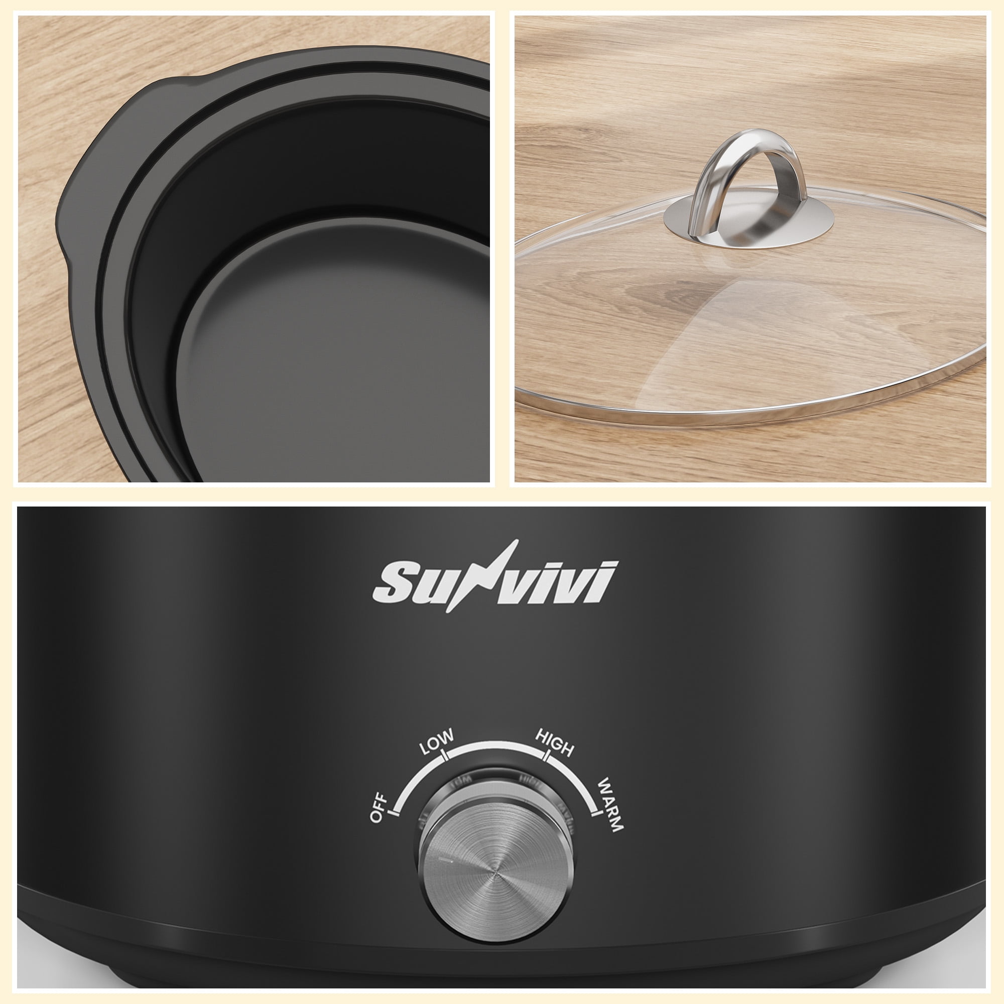 SUNVIVI Small Slow Cooker 4QT, Mini Food Warmer with 3 Heating Settings, Removable Ceramic Pot, Dishwasher Safe Glass Lid, Stainless Steel