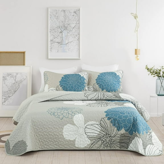 3Pcs Bohemian Blue Floral Quilt Set Queen Size Bedspread Bedding Sets Lightweight Adult(90"x 90")