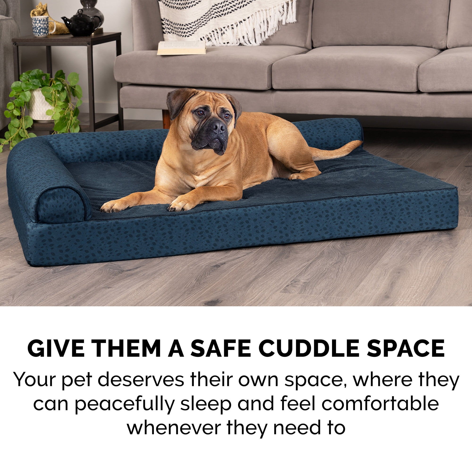 FurHaven Pet Products Plush Faux Fur & Almond Print Orthopedic Deluxe L-Chaise Sofa Pet Bed for Dogs & Cats - Blue Almonds, Jumbo Plus