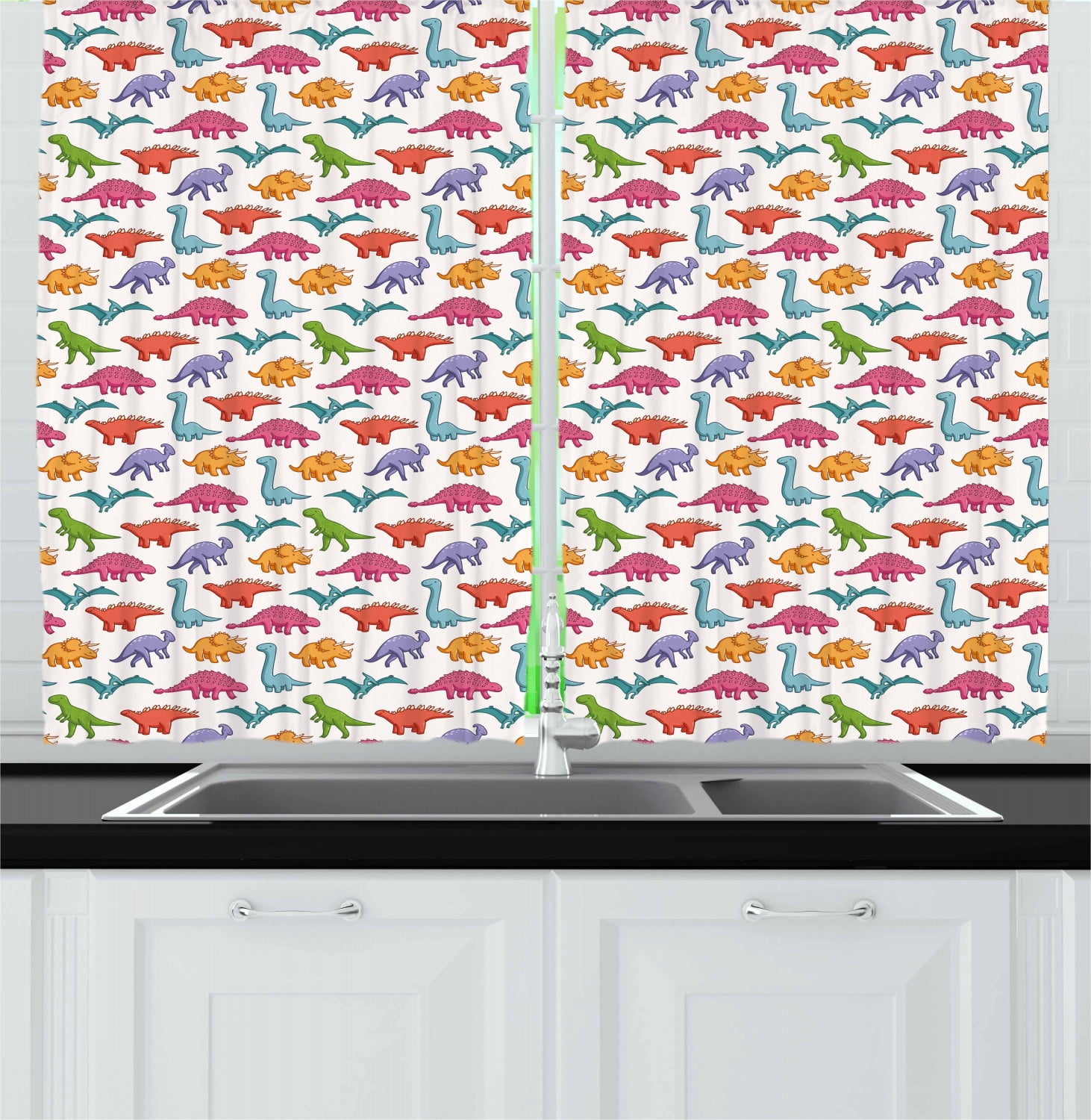 Dinosaur Curtains 2 Panels Set, Variety of Dinosaurs in Colorful