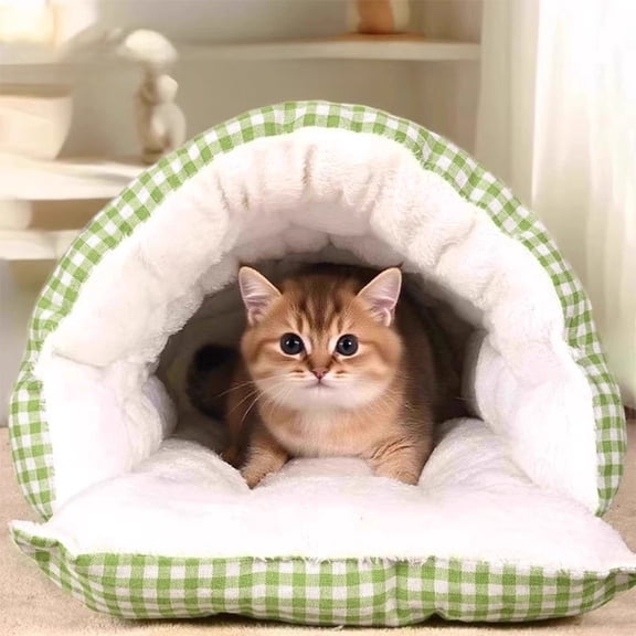Small Dog House Indoor, Dog Cave with Door Curtain Design, Puppy House with Reversible Washable Cushion, Portable Pet Cave for Small Dogs, Non-Slip Bottom