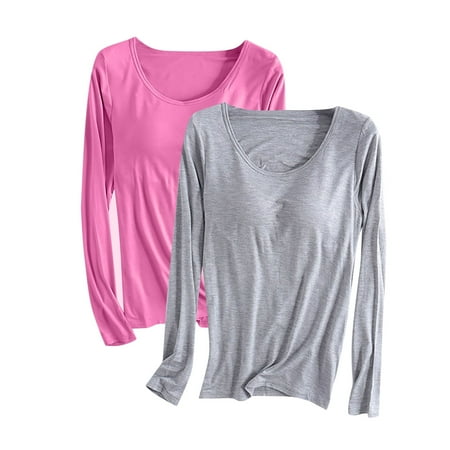SwiftWear Women s Plus Size Modal Cotton T Shirt Long Sleeve Shirts with Built-in Bra Two Piece Casual Pajama Yoga Top  Hot Pink + Gray S