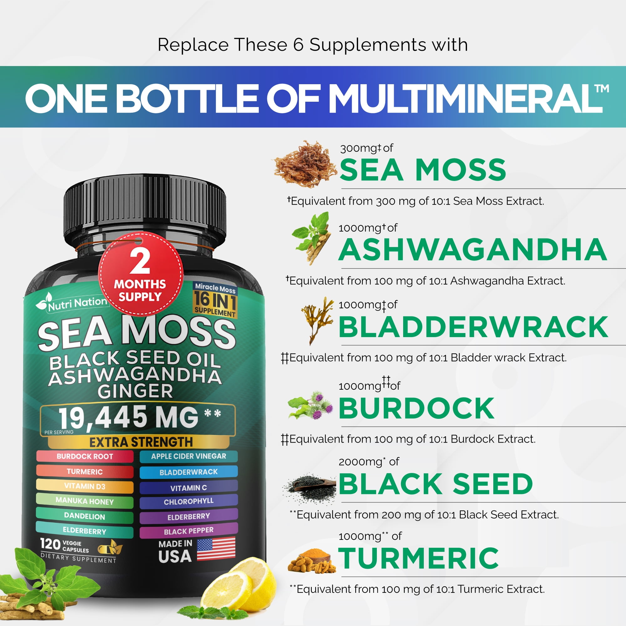 Nutri Nation Sea Moss with Ashwagandha 16 in 1, 120 Capsules 5 Bottles