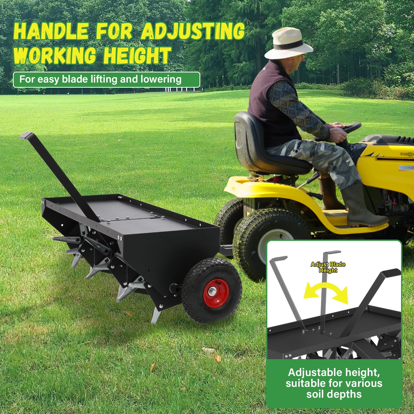 48-Inch Tow Behind Lawn Plug Aerator with Universal Hitch, Lawn Aerator Tow Behind with 30 Galvanised Steel Tines,Tray and Inflatable Wheels for Gardens, Lawns, Farms