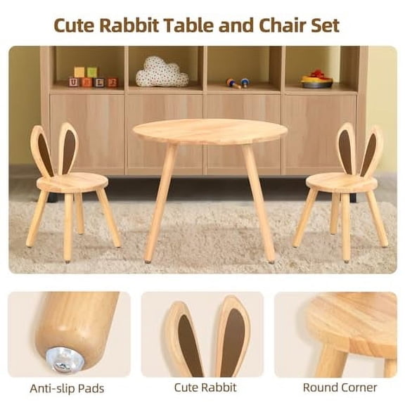 Rubberwood - Table and Chair Set, Natural Wood, Easy to Clean, Toddler Table with 2 Rabbir Chairs for Bedroom, Playroom