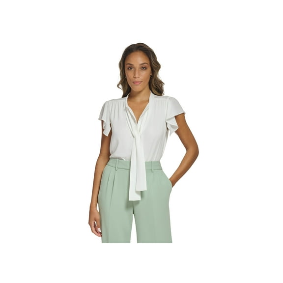 Women's Ruffle Cap Sleeve Tie Neck Blouse Cream XL