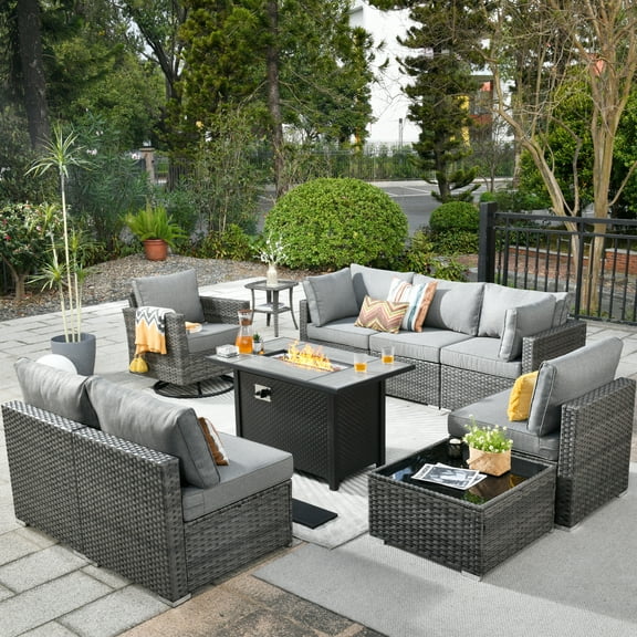 Ovios 10 Pieces Patio Fire Pit Set Outdoor Wicker Sectional Sofa Conversation Set with Swivel Rocking Chair,Dark Gray