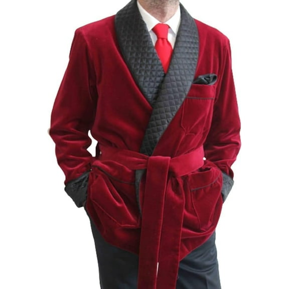 Men's Maroon Velvet Smoking Jackets with Black Fine Quilted Robes Coat Dinner Christmas Party Wear Coat 