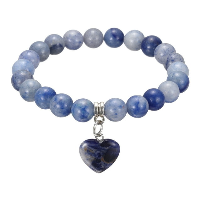 Pulsera de Cristal para Mujeres 8mm Pulsera de Amistad con Cuentas de Piedra Natural en Forma de Corazón, 6.5 Pulgadas, Azul Mezclado