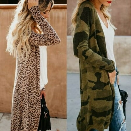 Fashion Women Loose Long Sleeve Cardigan Leopard Kimono Shawl Tops Blouse Coat (Best Long Coats For Ladies)