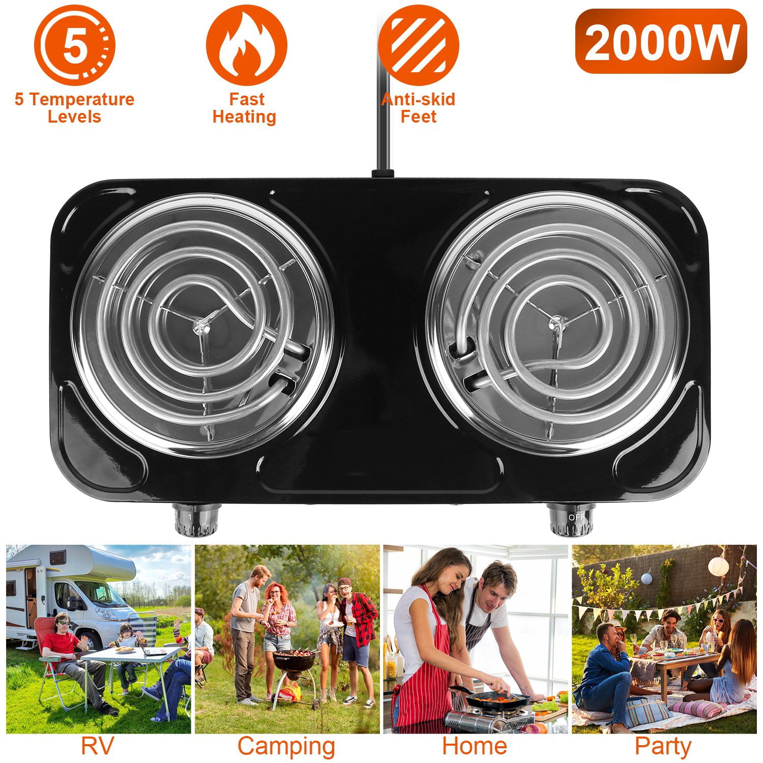 iMounTEK 2000W Double Burner Hot Plate, Portable Electric Stove with 5 Heat Settings – Black
