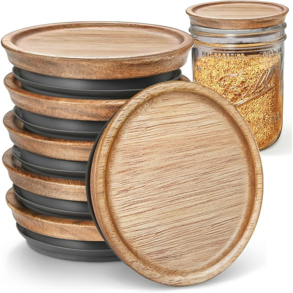 SONGAUN 6 Regular Mouth and 6 Wide Mouth Wooden Mason Jar Lids for Ball/Mason Jars, Reusable Acacia Wood Mason Jar Lids with Airtight Silicone Seal Perfect for Dry Food Storage