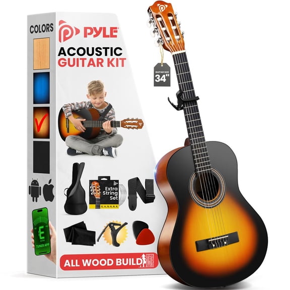 Pyle Classical Guitar Starter Kit - 34" 1/2 Size All Wood Instrument with Capo, Gig Bag, Strings, Strap, Picks (Sunburst)