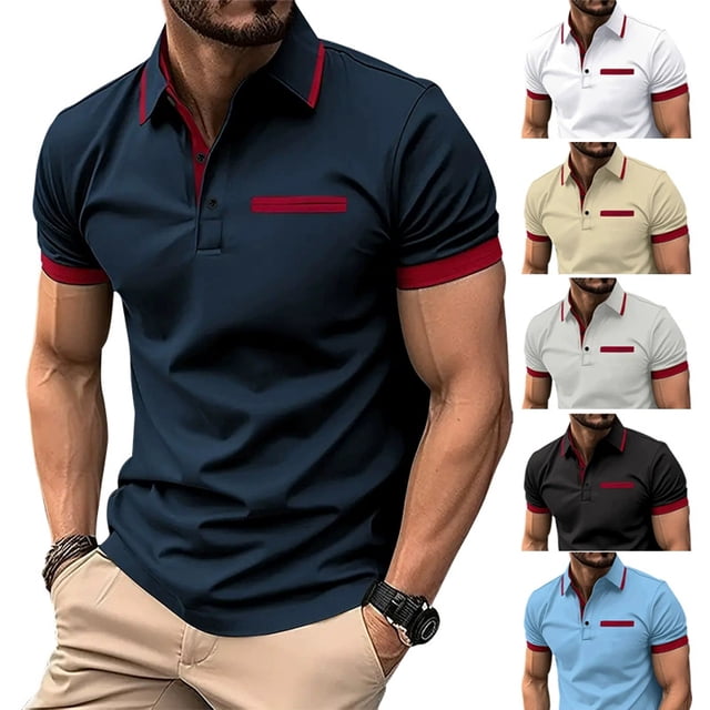 LYMAYTER Men's Button T-Shirt Solid Color Lapel Tees Fallow All Match T-Shirt for Men False Pocket Tops